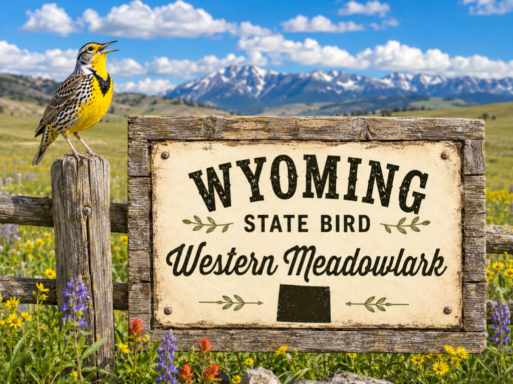 Western Meadowlark perched beside a rustic Wyoming State Bird sign in a bright mountain meadow setting