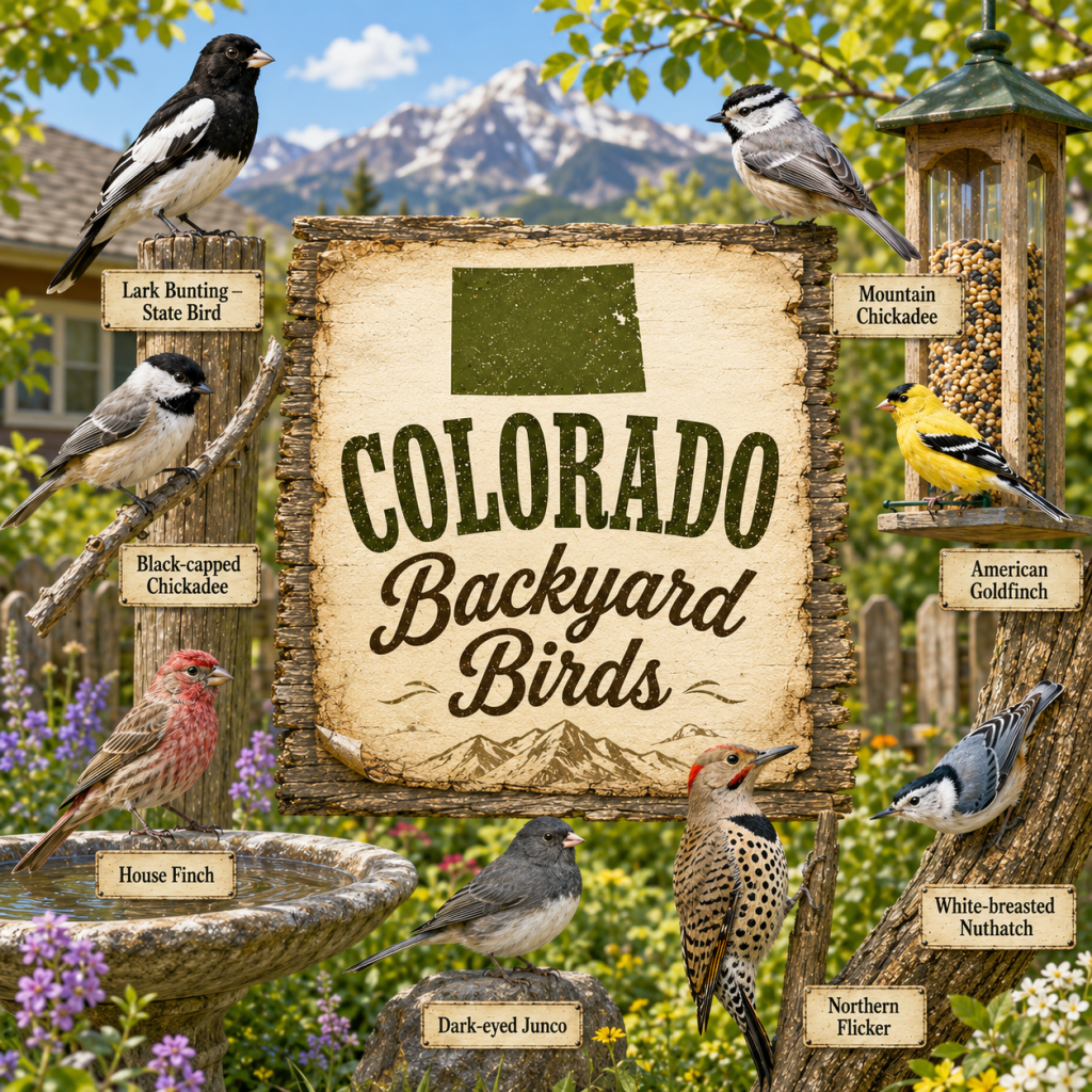 Colorado Backyard Birds rustic wooden sign featuring Lark Bunting — State Bird, Mountain Chickadee, Black-Capped Chickadee, American Goldfinch, White-Breasted Nuthatch, Northern Flicker, Dark-Eyed Junco, and House Finch in a bright mountain backyard setting