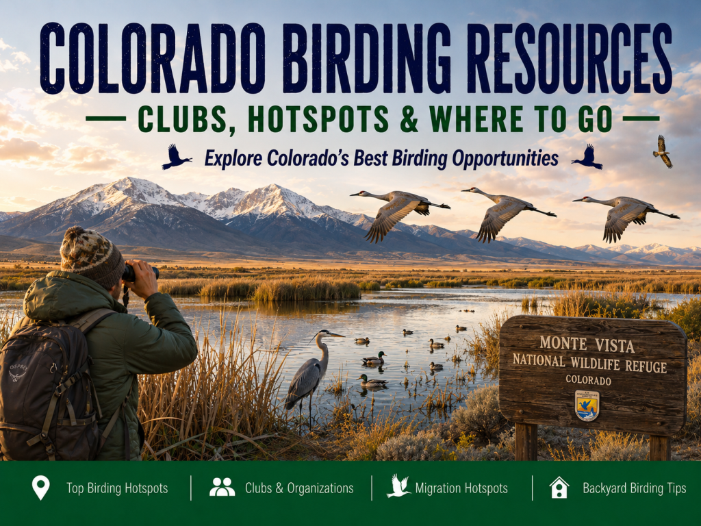 Birder watching Sandhill Cranes, Great Blue Heron, Mallards, and wetland birds at Monte Vista National Wildlife Refuge in Colorado