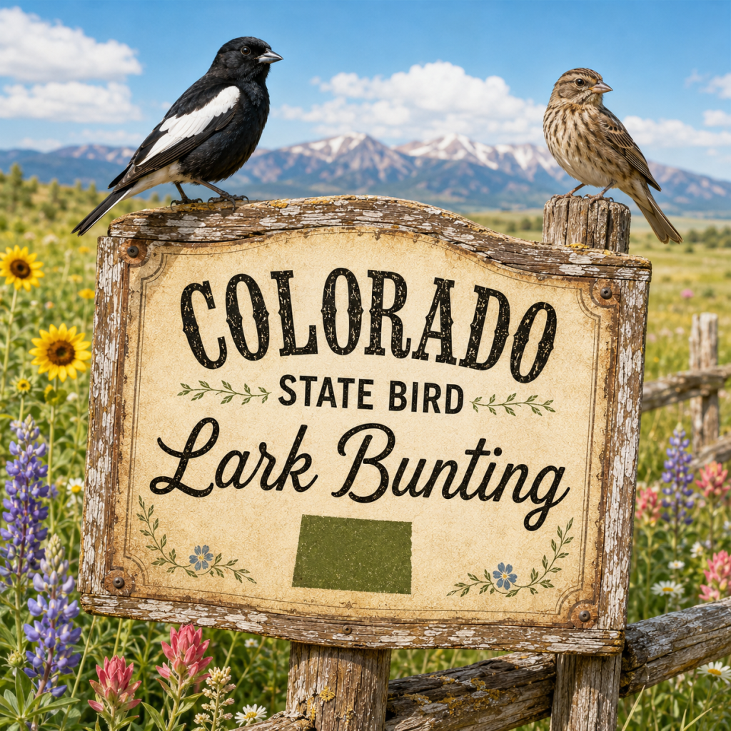Male Lark Bunting perched beside a rustic wooden Colorado state bird sign in a bright prairie setting with wildflowers