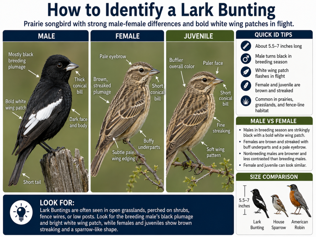 Lark Bunting identification guide showing Male, Female, and Juvenile plumage, bold white wing patch, thick conical bill, brown streaking in females and juveniles, and size comparison